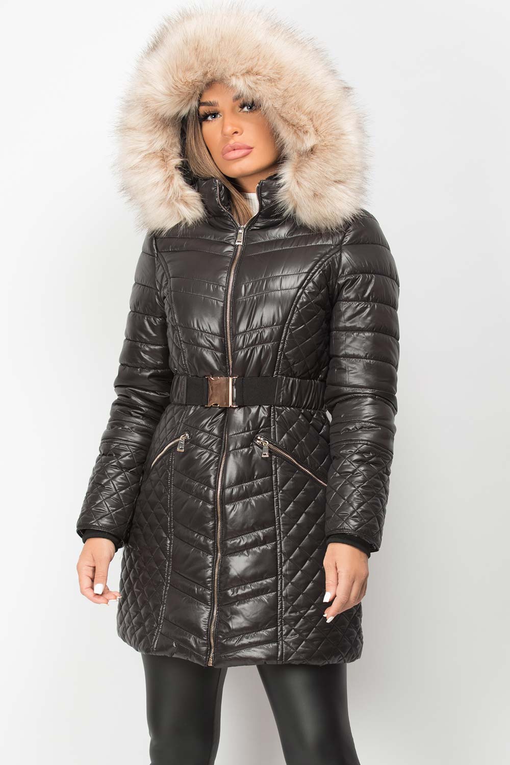 big faux fur hooded padded puffer coat black