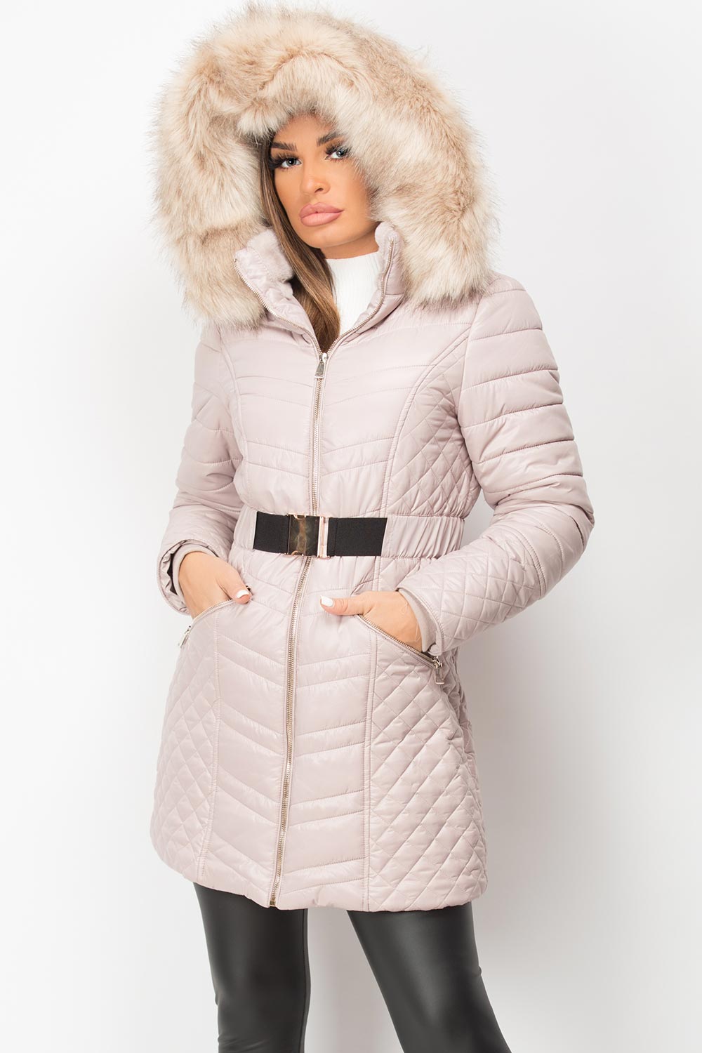 beige longline puffer jacket with fur hood