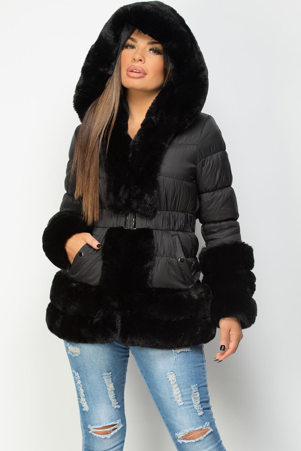 faux fur hooded puffer jacket black