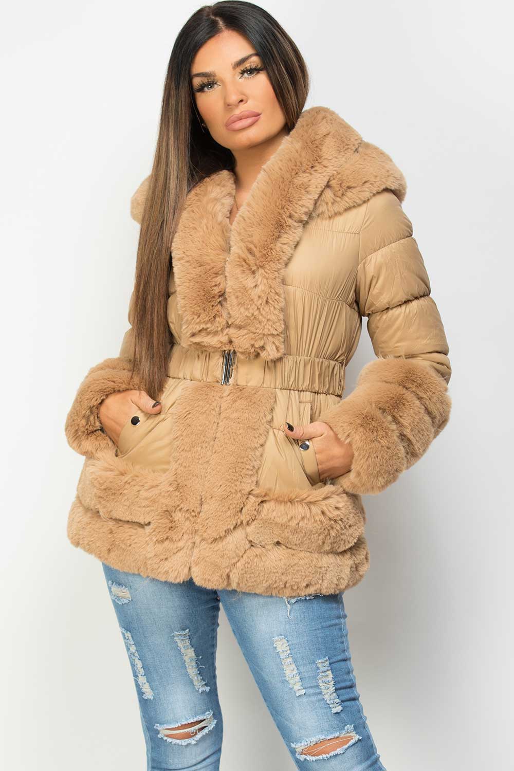 faux fur trim puffer jacket with belt