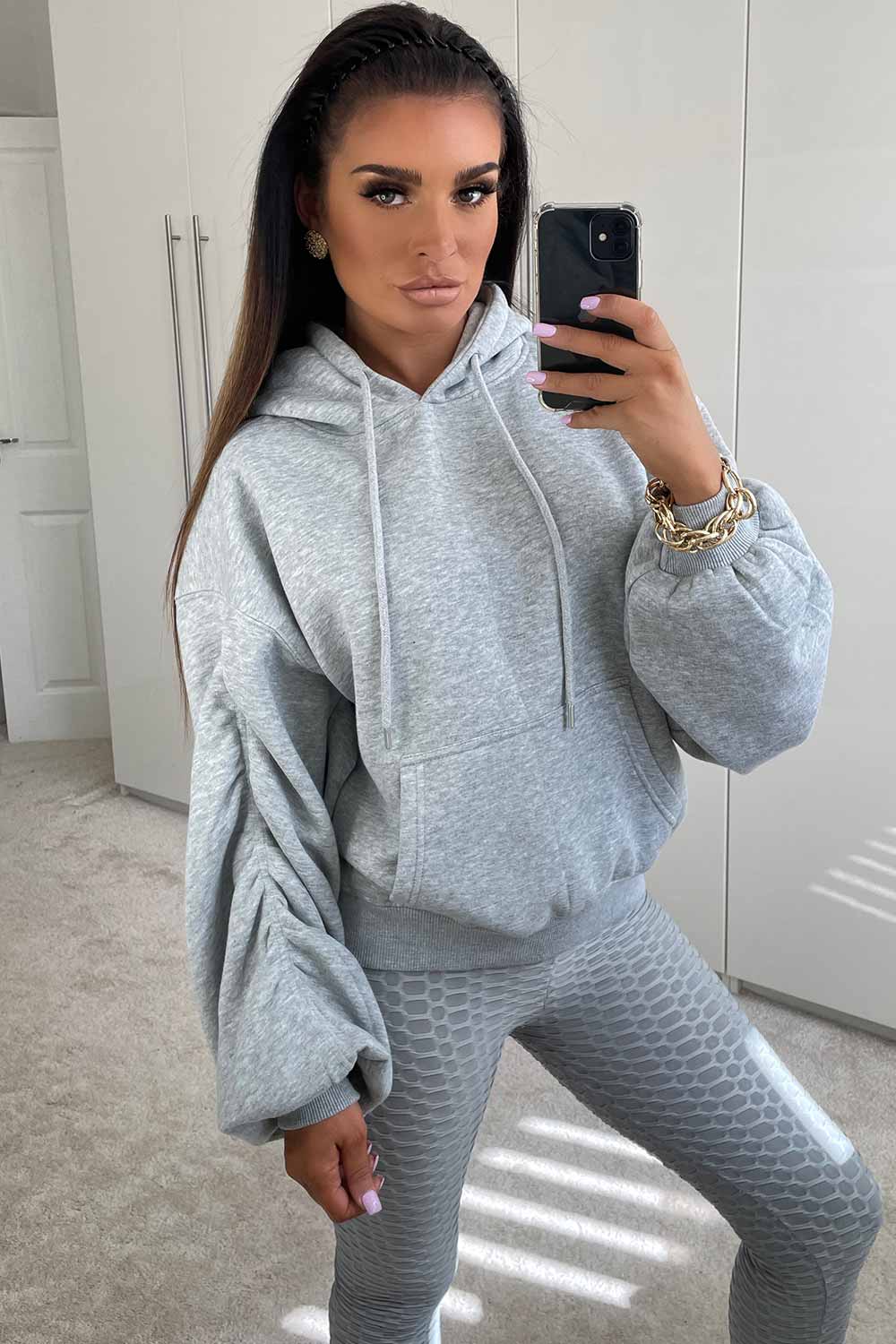 ruched sleeve hoodie grey