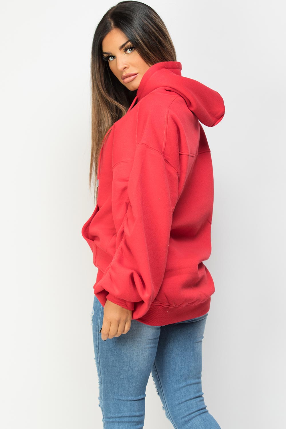 womens oversized ruched sleeve hoodie red