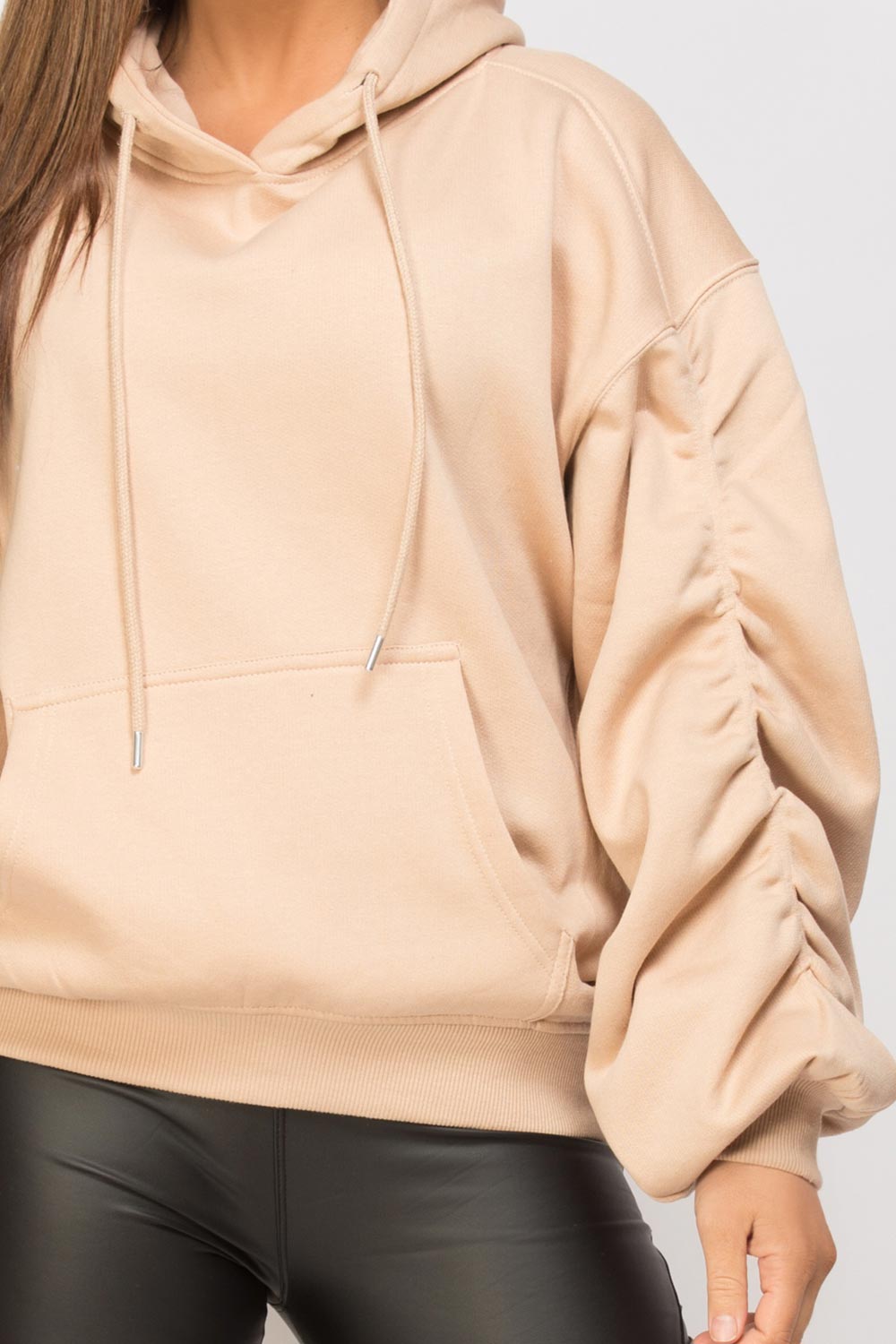 ruched sleeve hooded sweatshirt stone