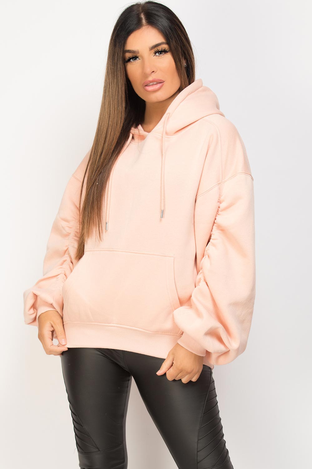ruched arm hoodie pink