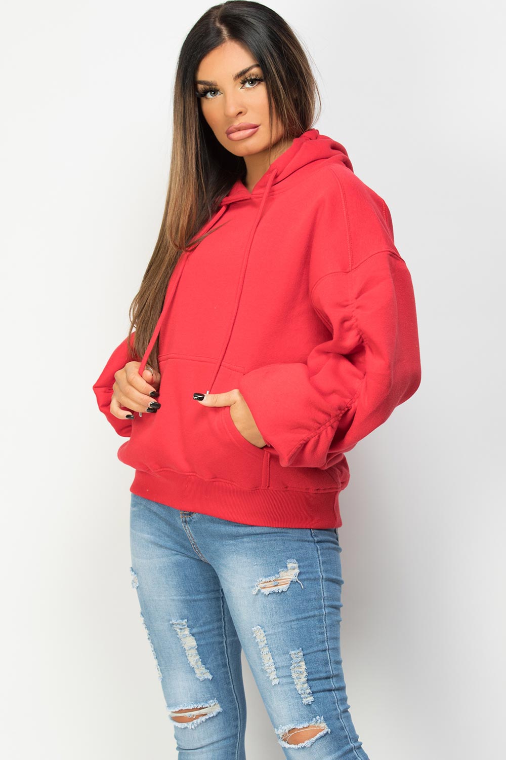 oversized hoodie with ruched sleeves