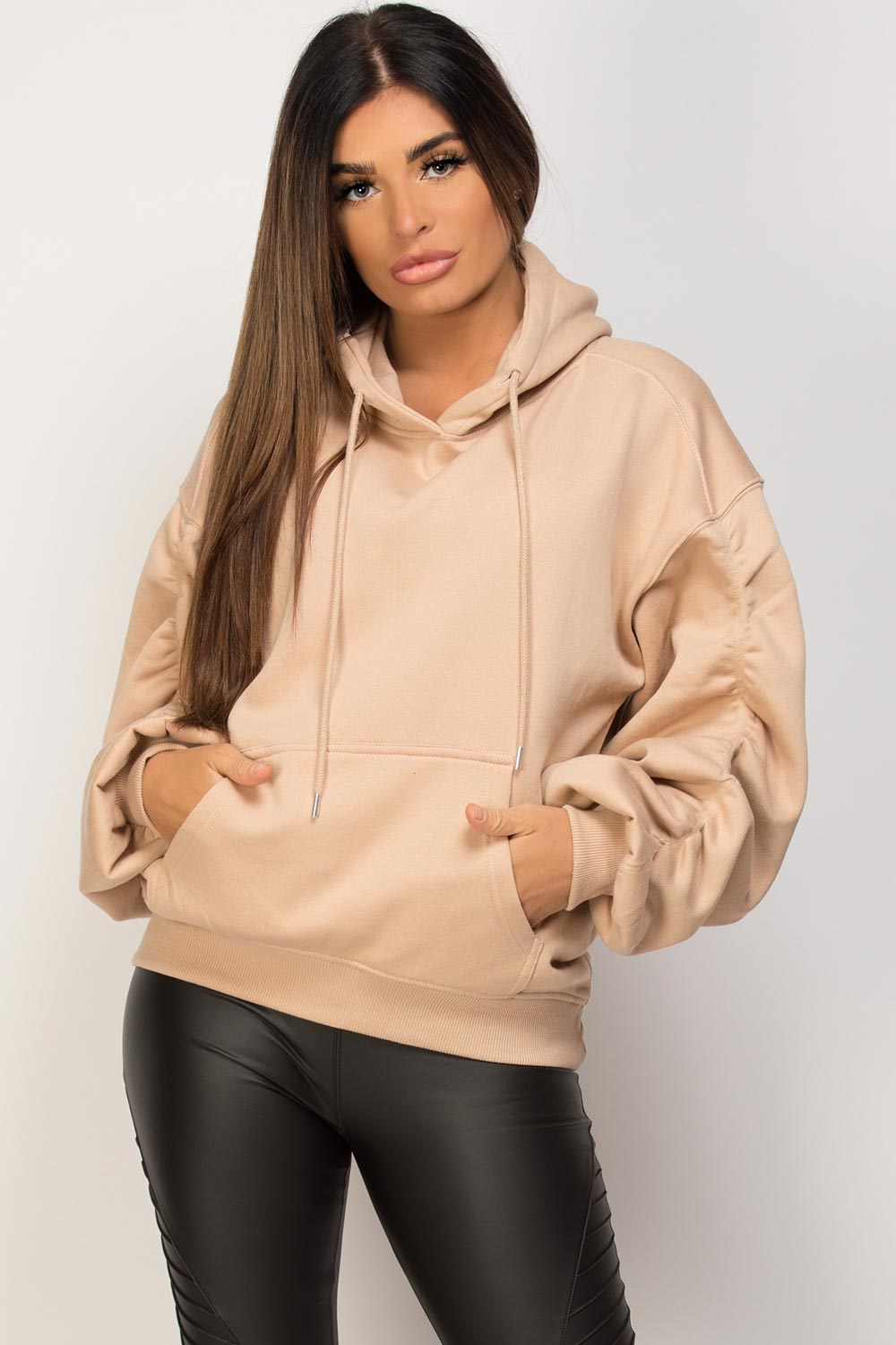 ruched arm oversized hoodie stone