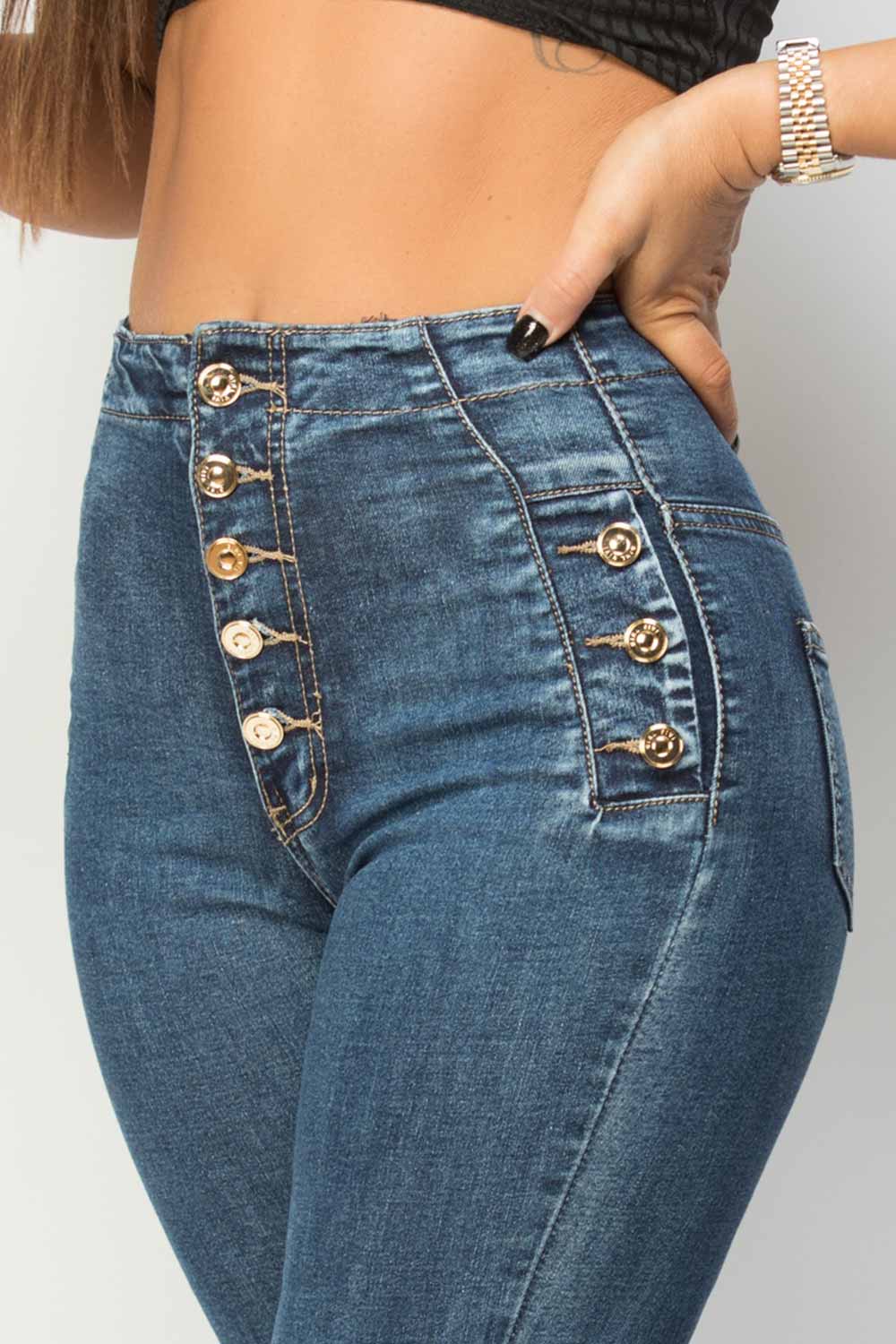 skinny jeans with gold button detail