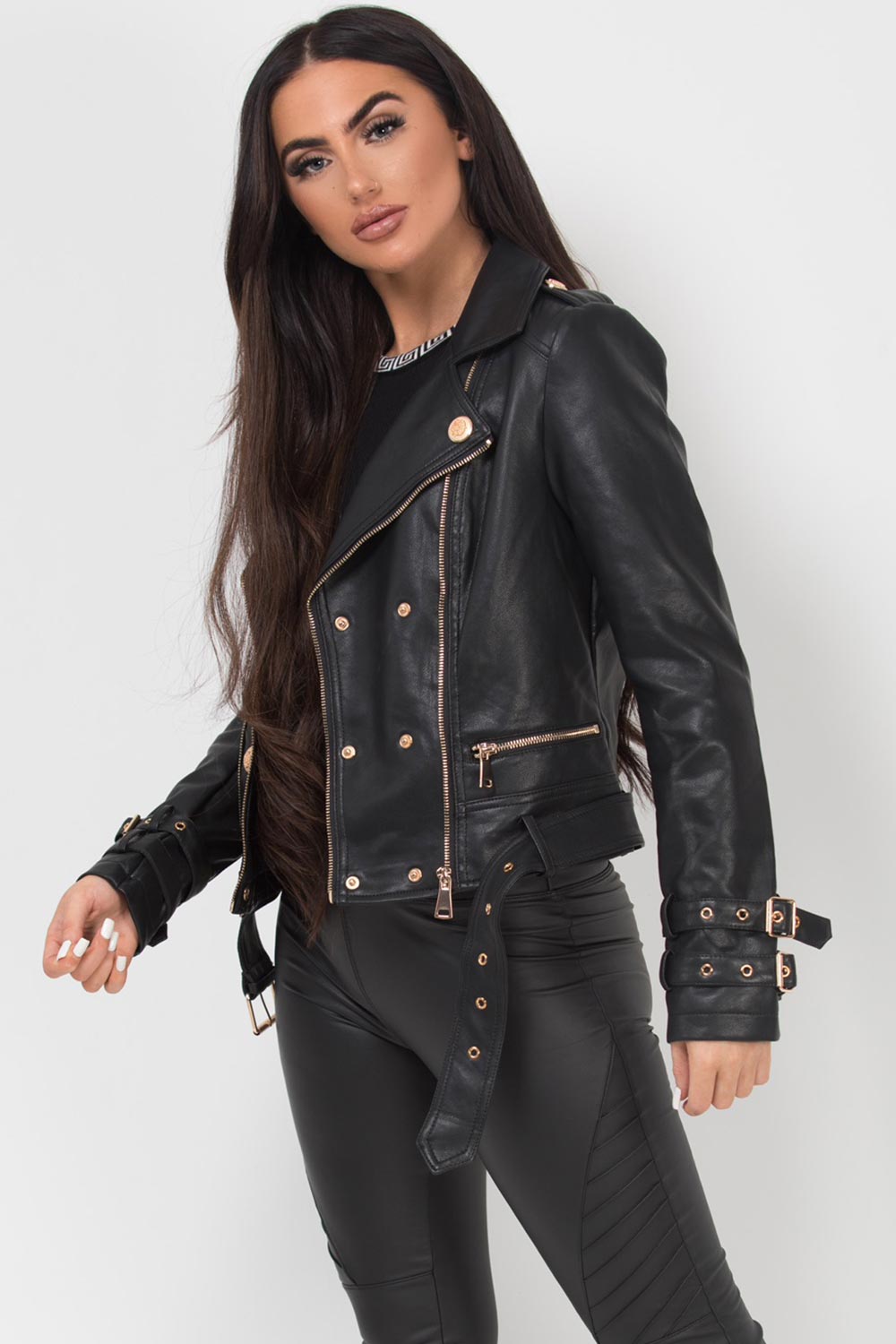 gold button detail pu faux leather biker jacket womens