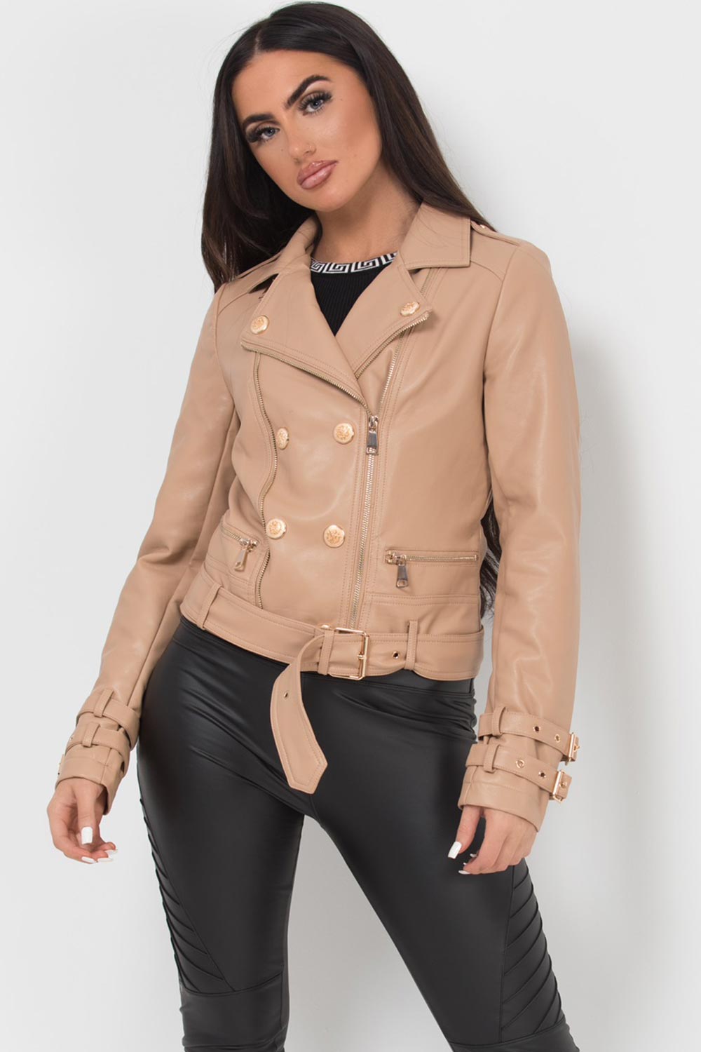 womens faux leather biker jacket with gold buttons stone