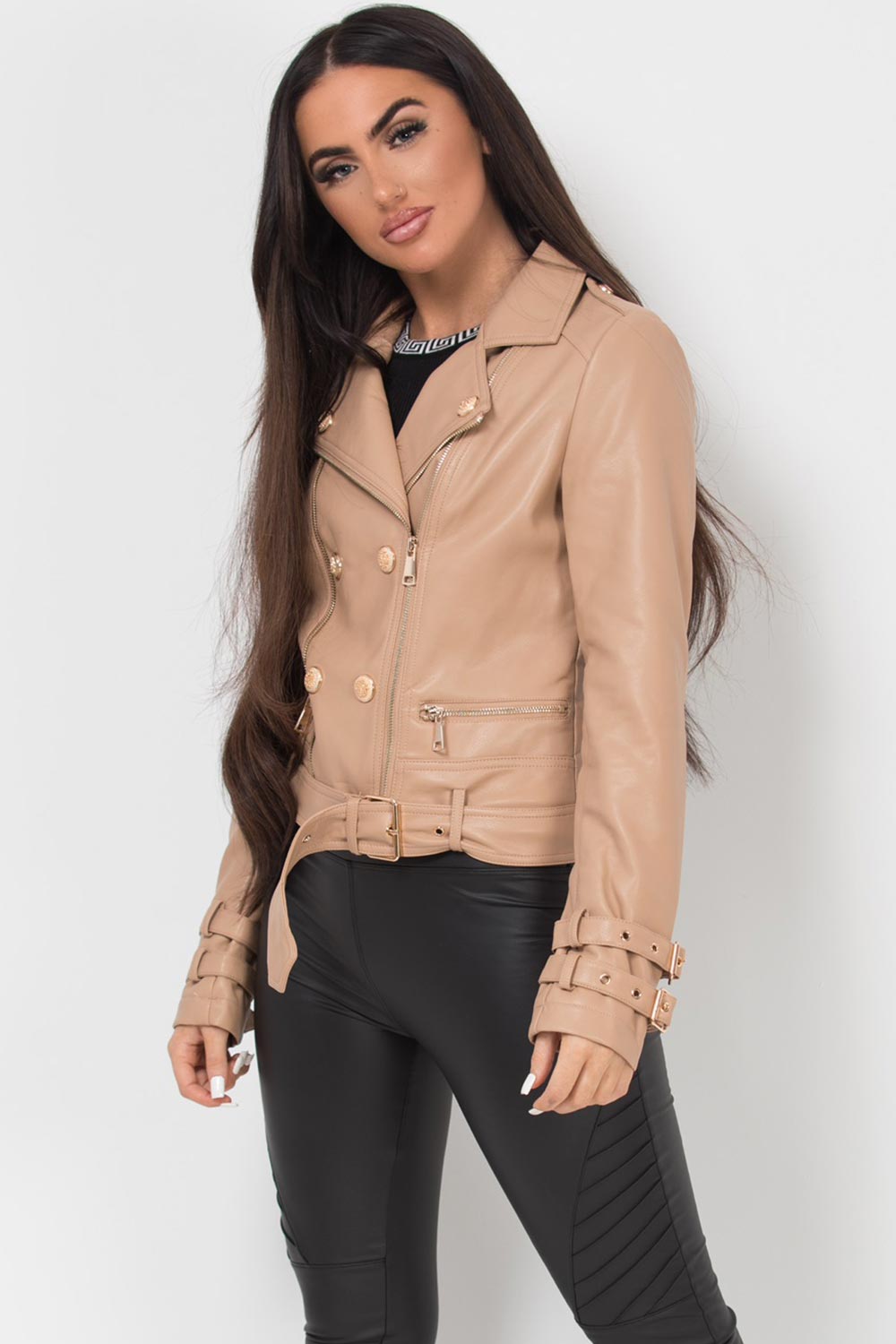 gold button balmain inspired faux leather jacket womens