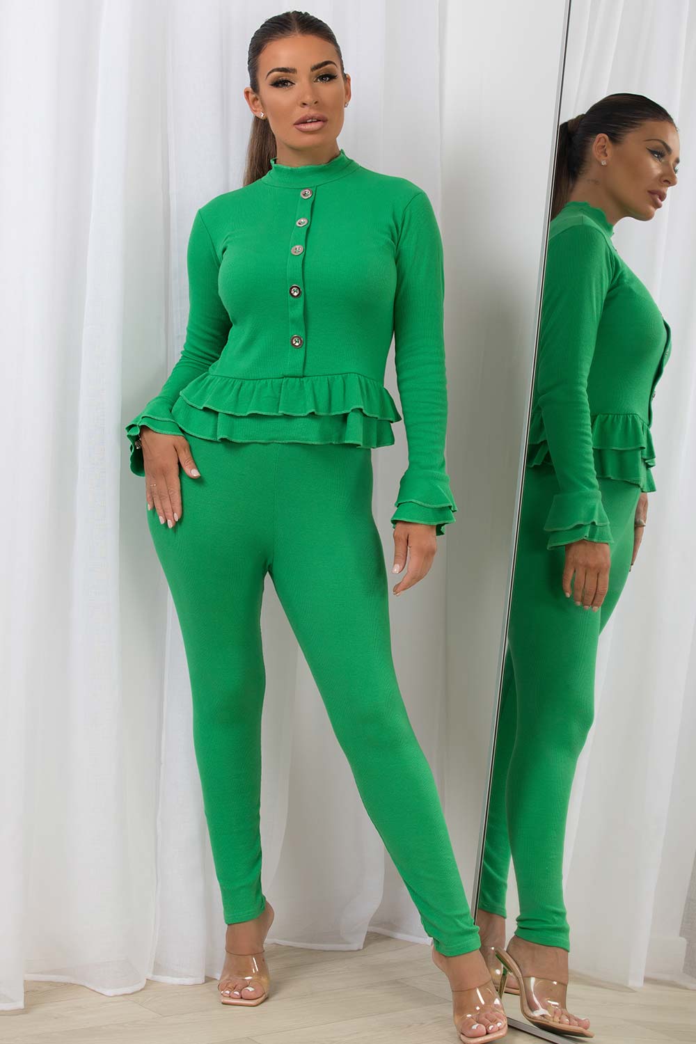 long sleeve peplum frill hem gold button two piece co ord set