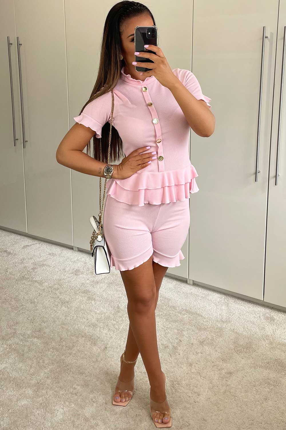 pink rib frill hem top shorts lounge set uk