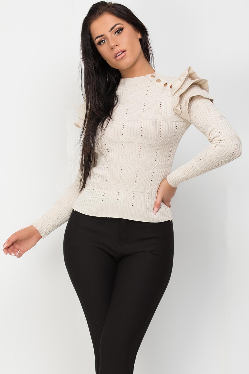 frill shoulder gold button knitted jumper
