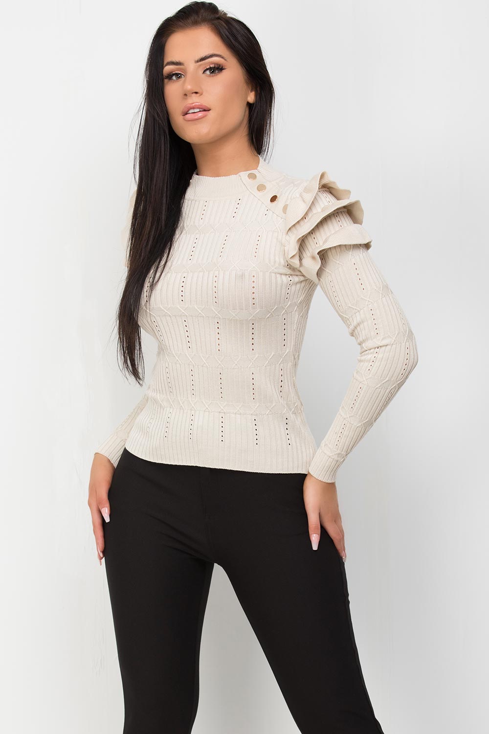 gold button frill shoulder knitted jumper