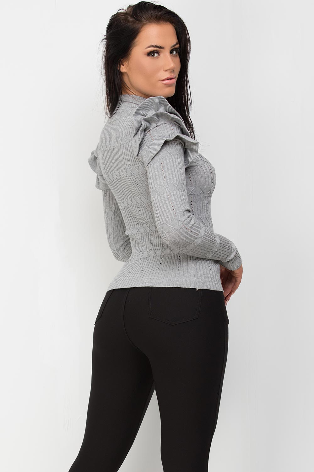 frill shoulder gold button knitted jumper