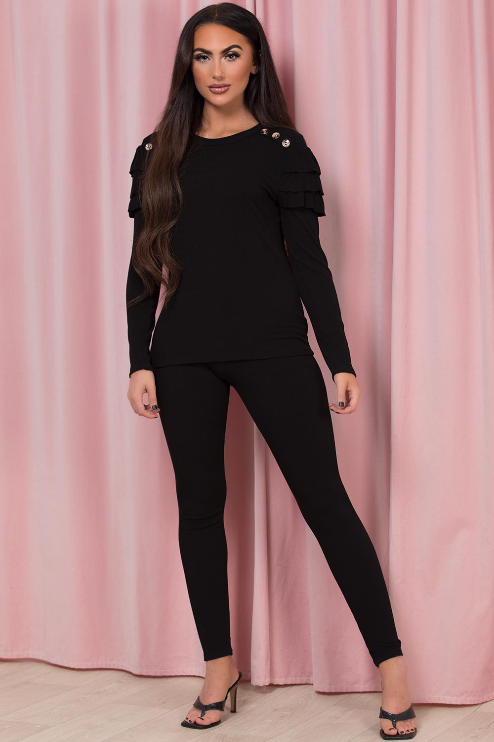 black ribbed gold button loungewear set