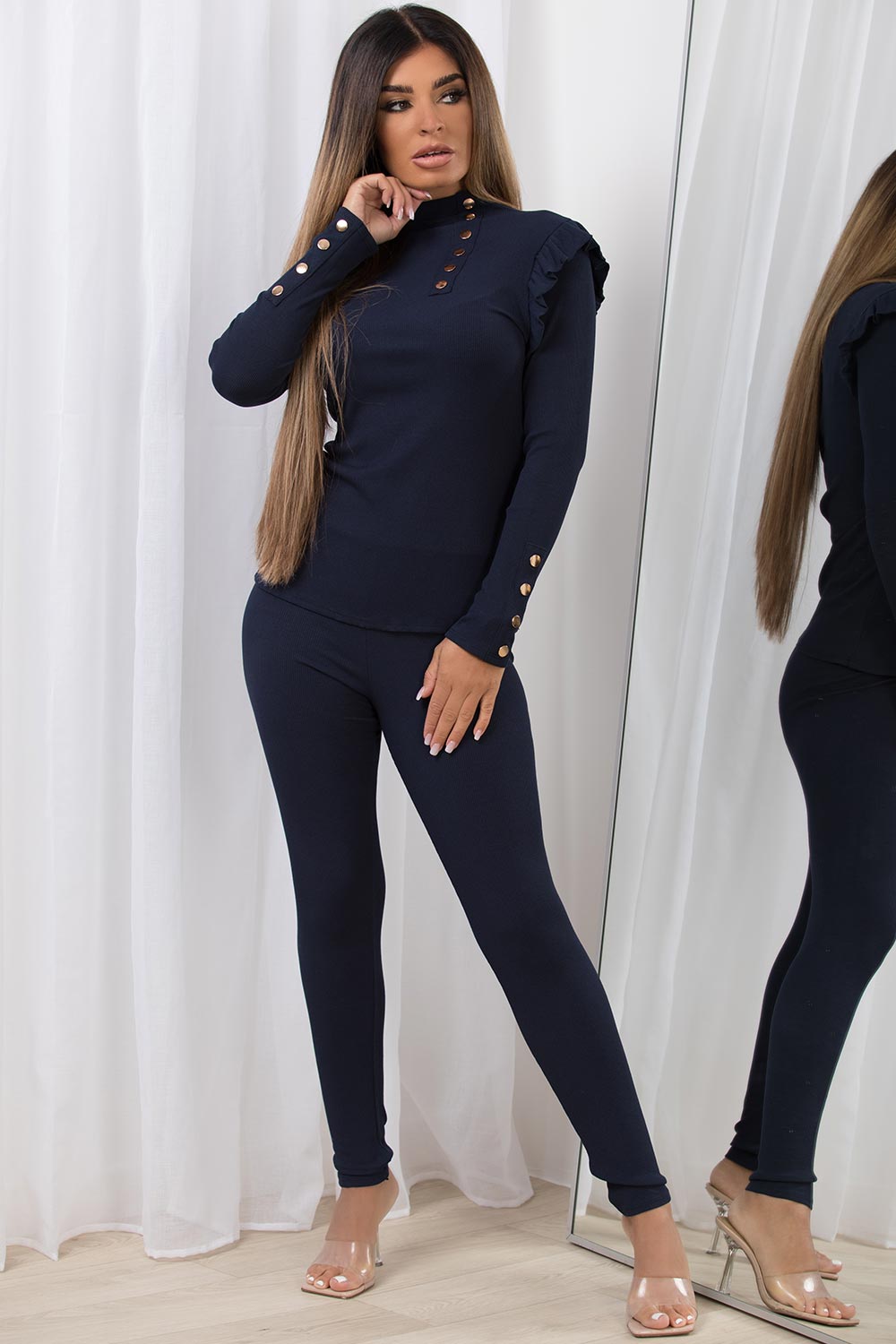 ribbed lounge set with frill shoulder and gold buttons