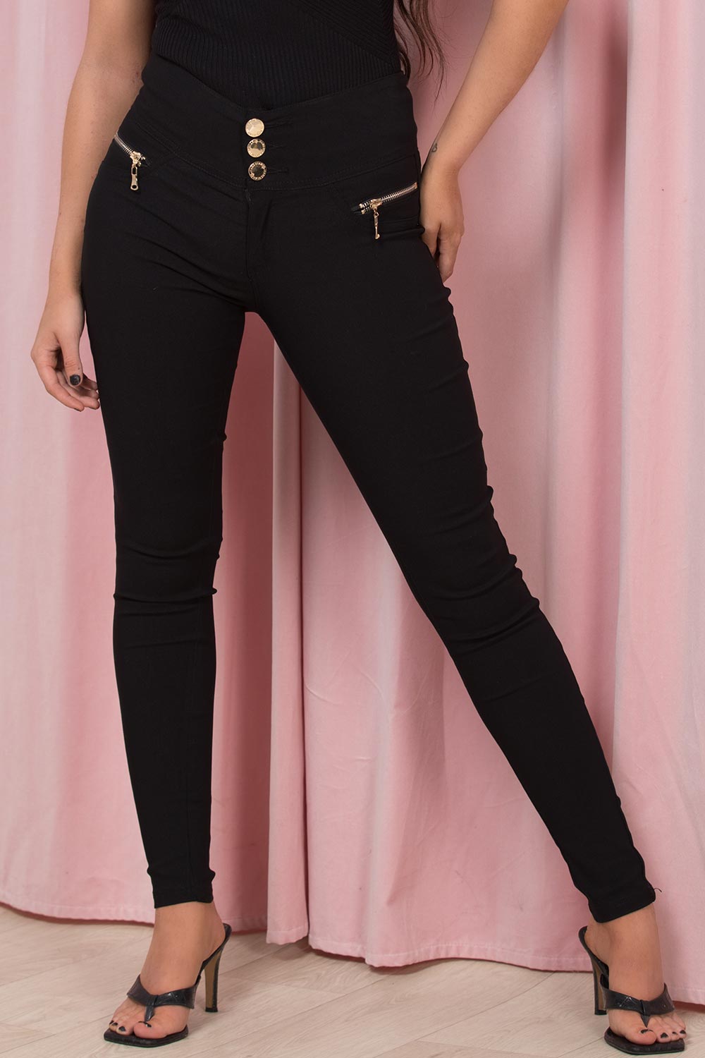gold button high waisted black skinny jeans