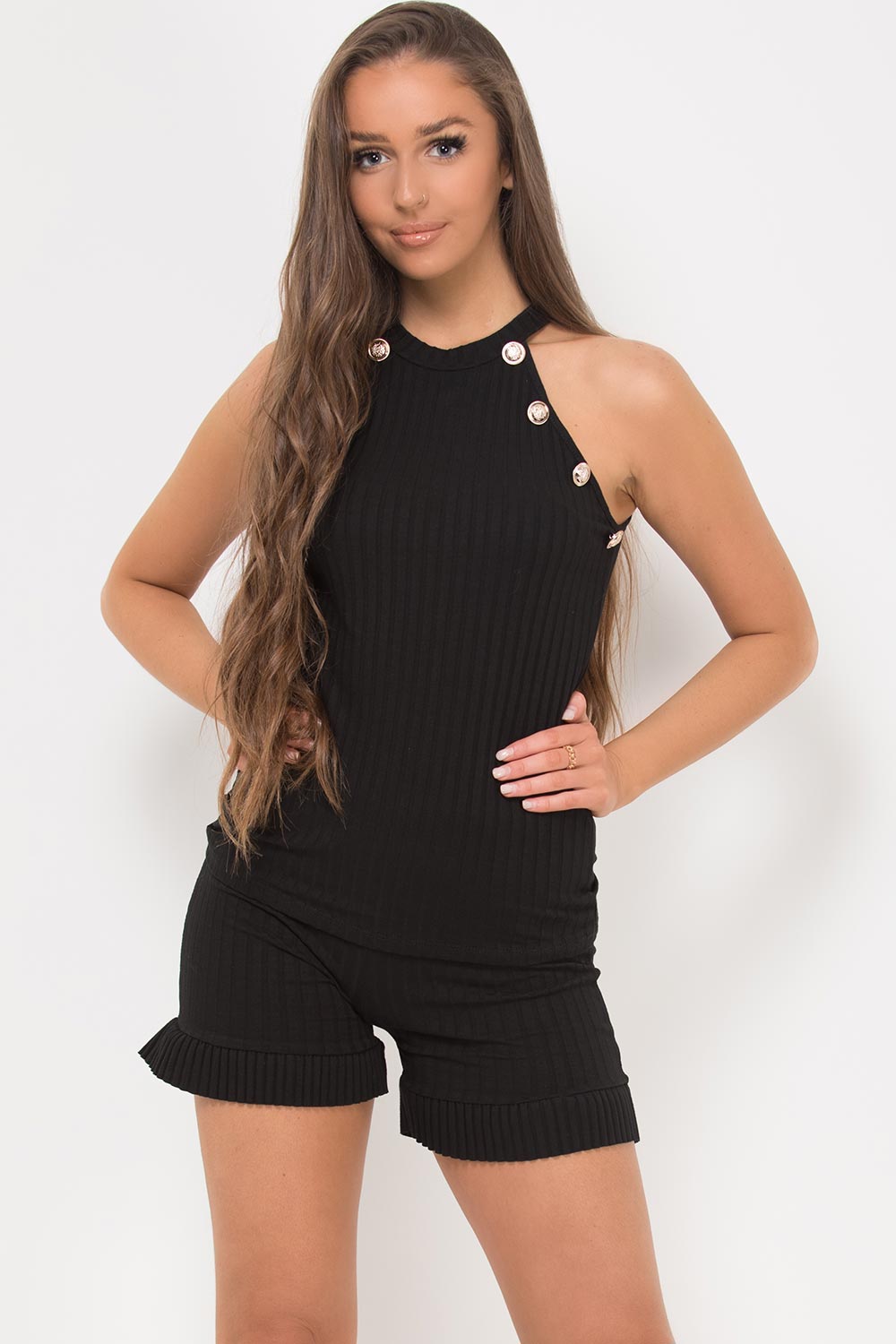 gold button ribbed top frill hem shorts two piece set