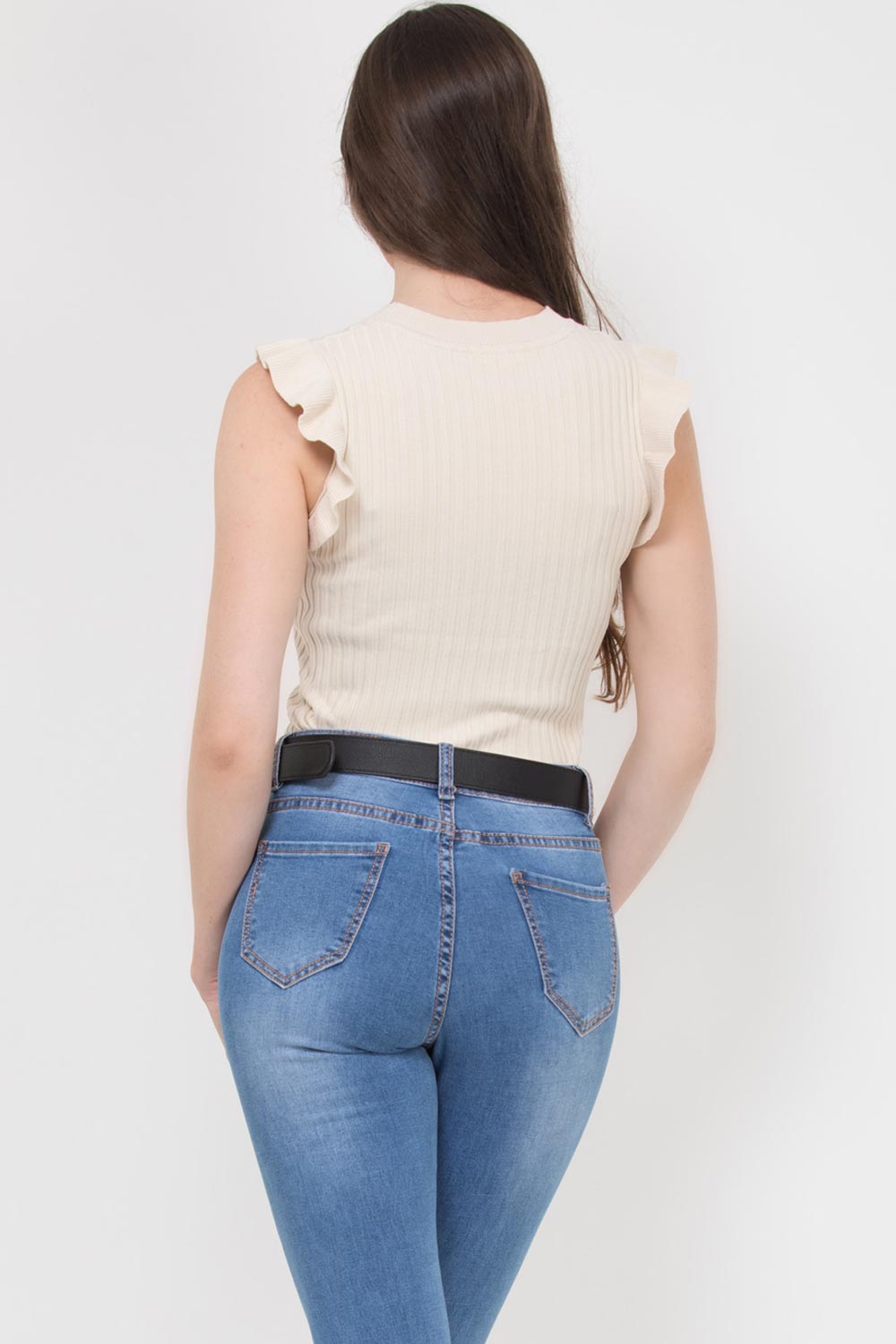 frill detail ribbed jumper with gold buttons