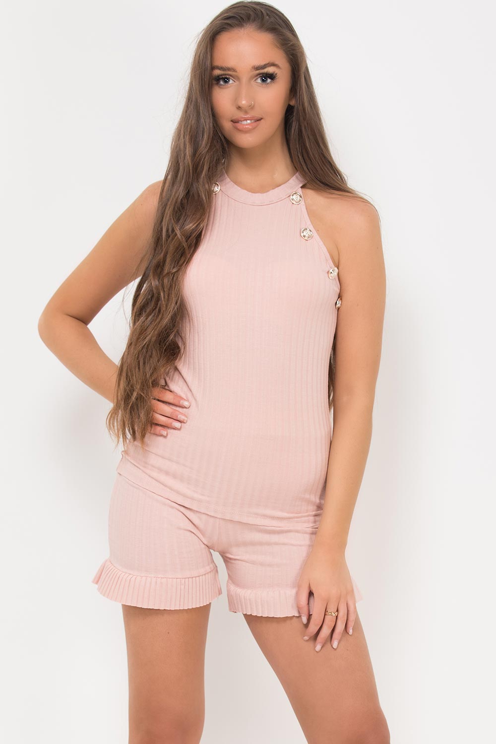 gold button rib top frill hem shorts set