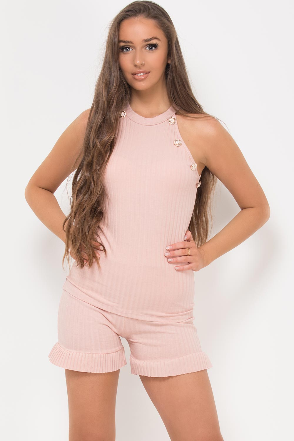 gold button ribbed top shorts set pink