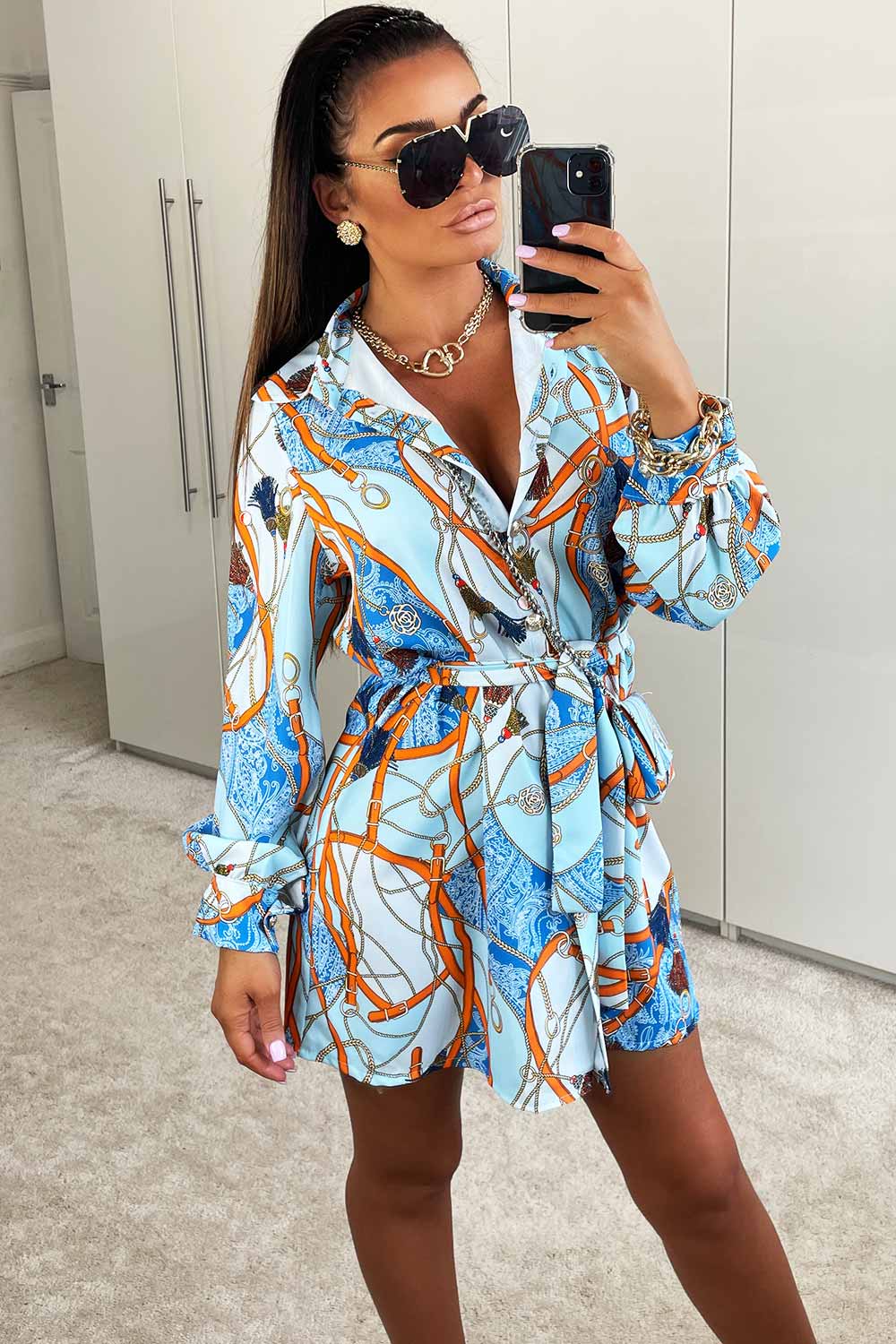 shirt dress with bag gold chain print uk