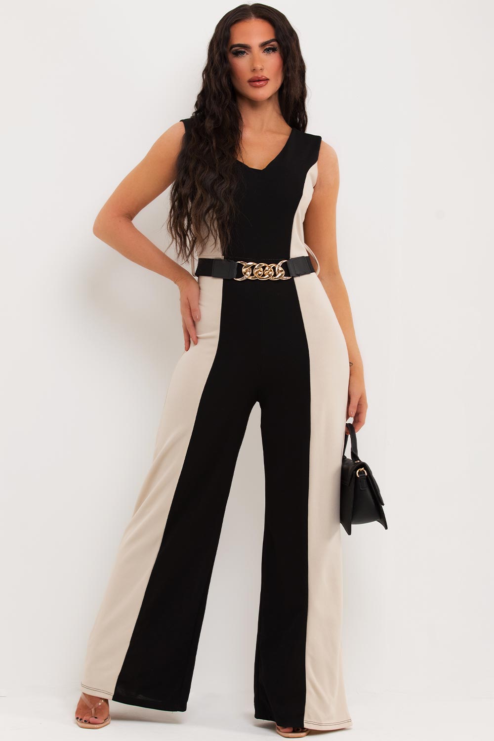 Wide leg jumpsuit with gold belt