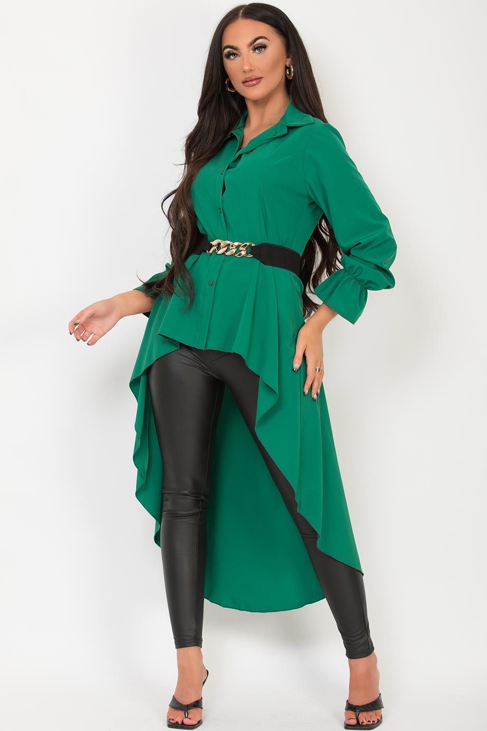 womens drop hem shirt with gold chain hem