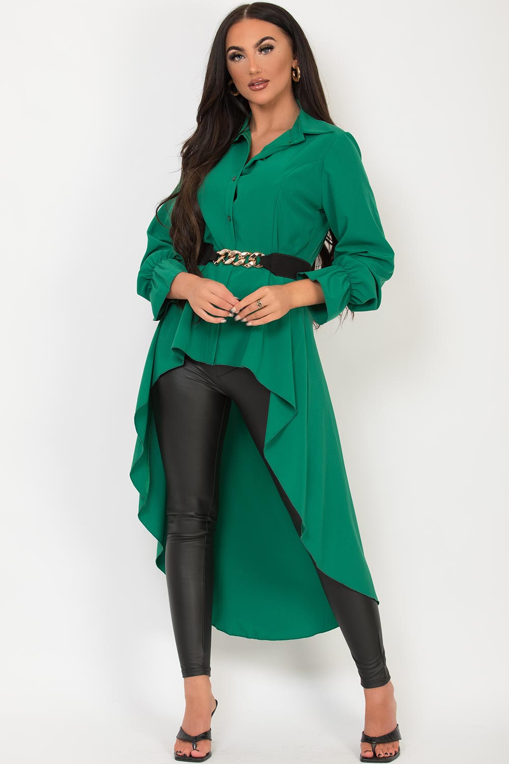 shirt with gold chain belt and high low hem