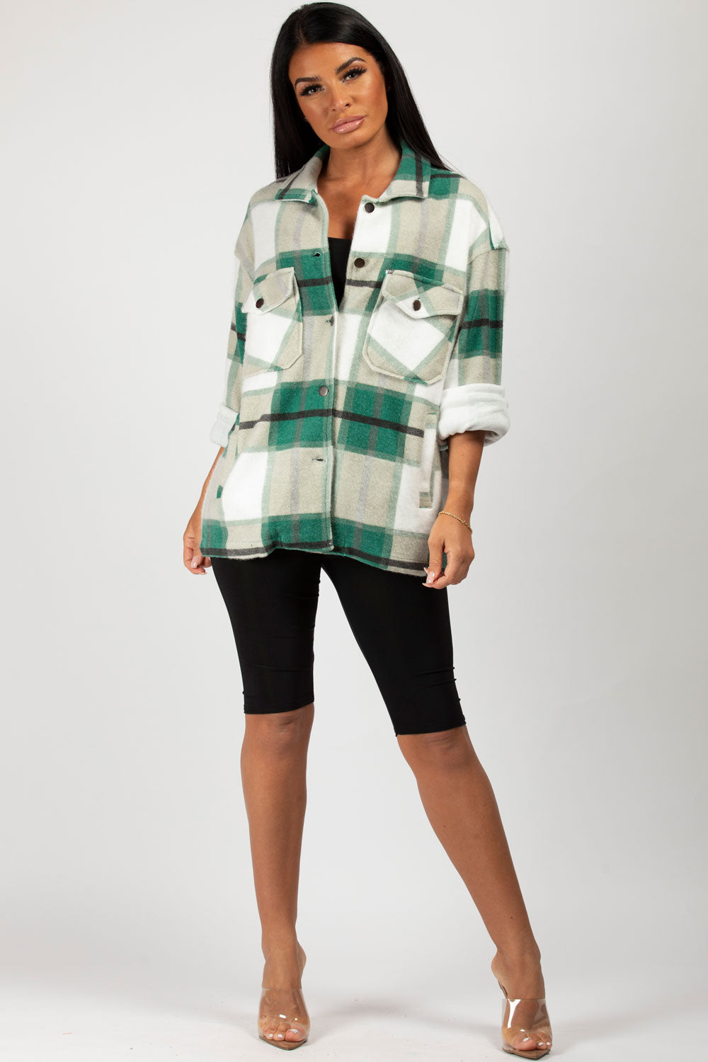 oversized check shirt jacket green