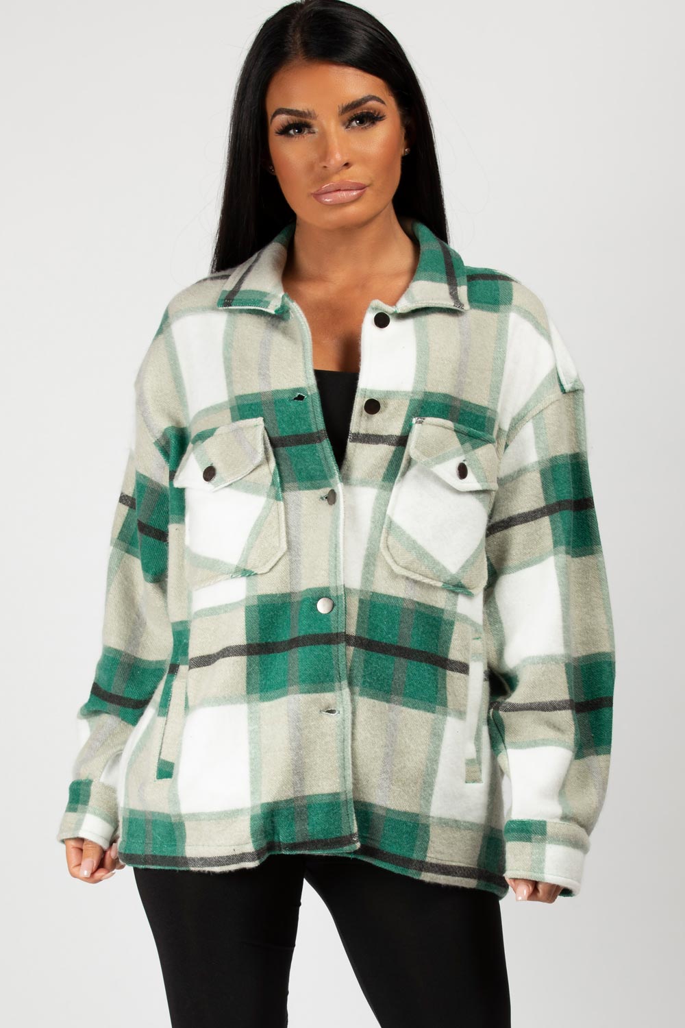 green oversized check shirt jacket