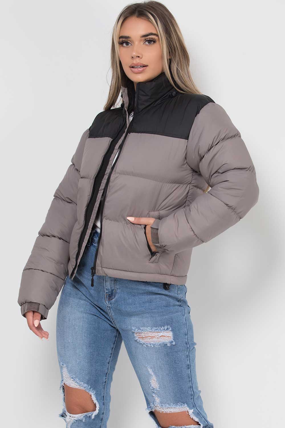 womens grey puffer jacket colour block