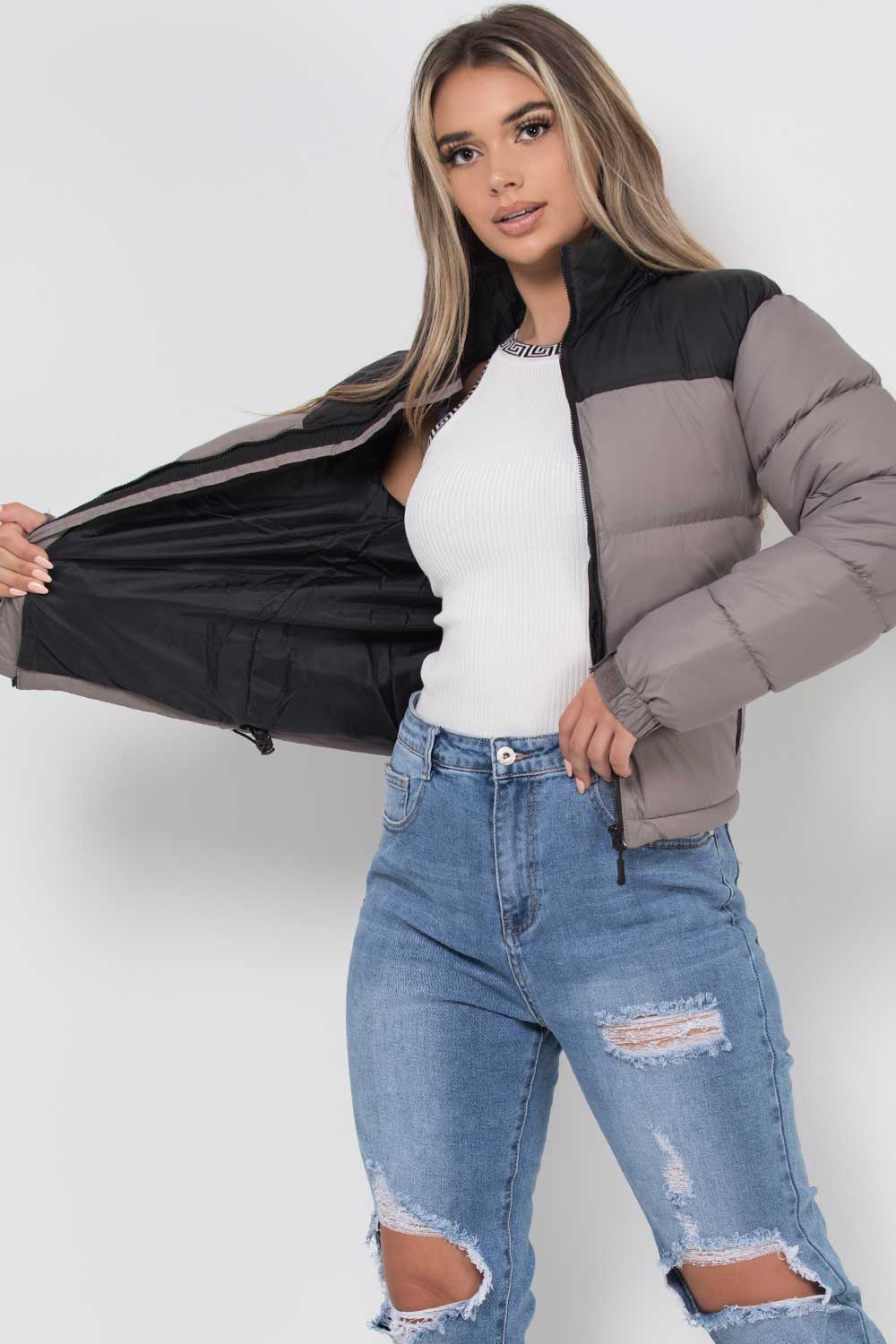 colour block puffer jacket grey