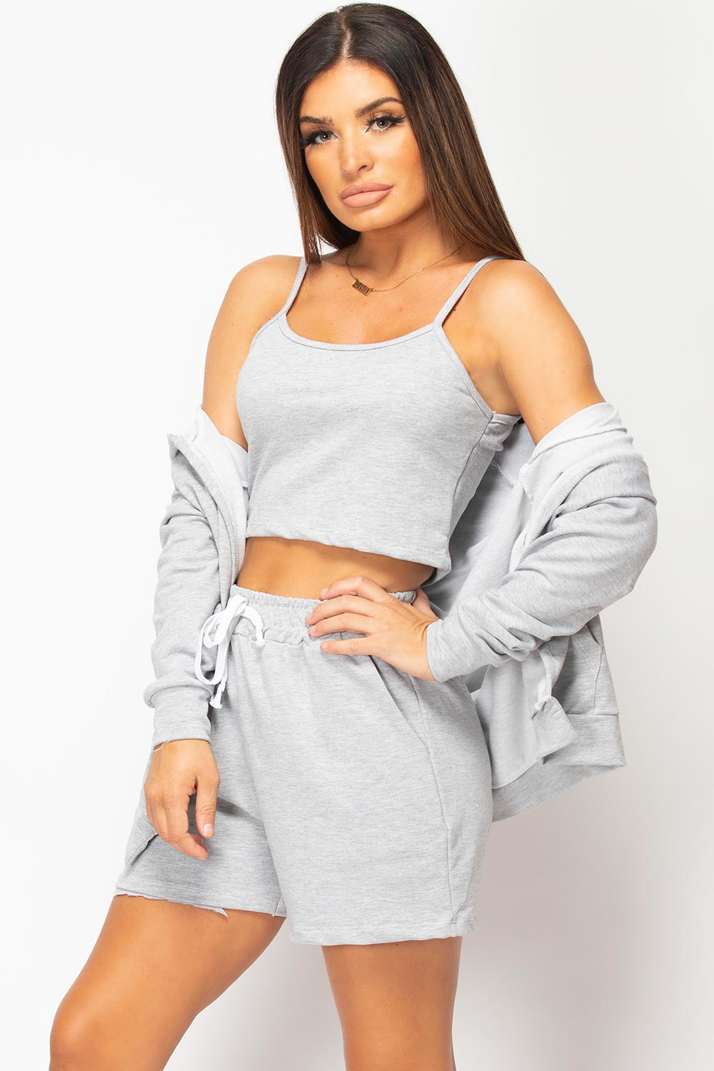 three piece shorts lounge set grey