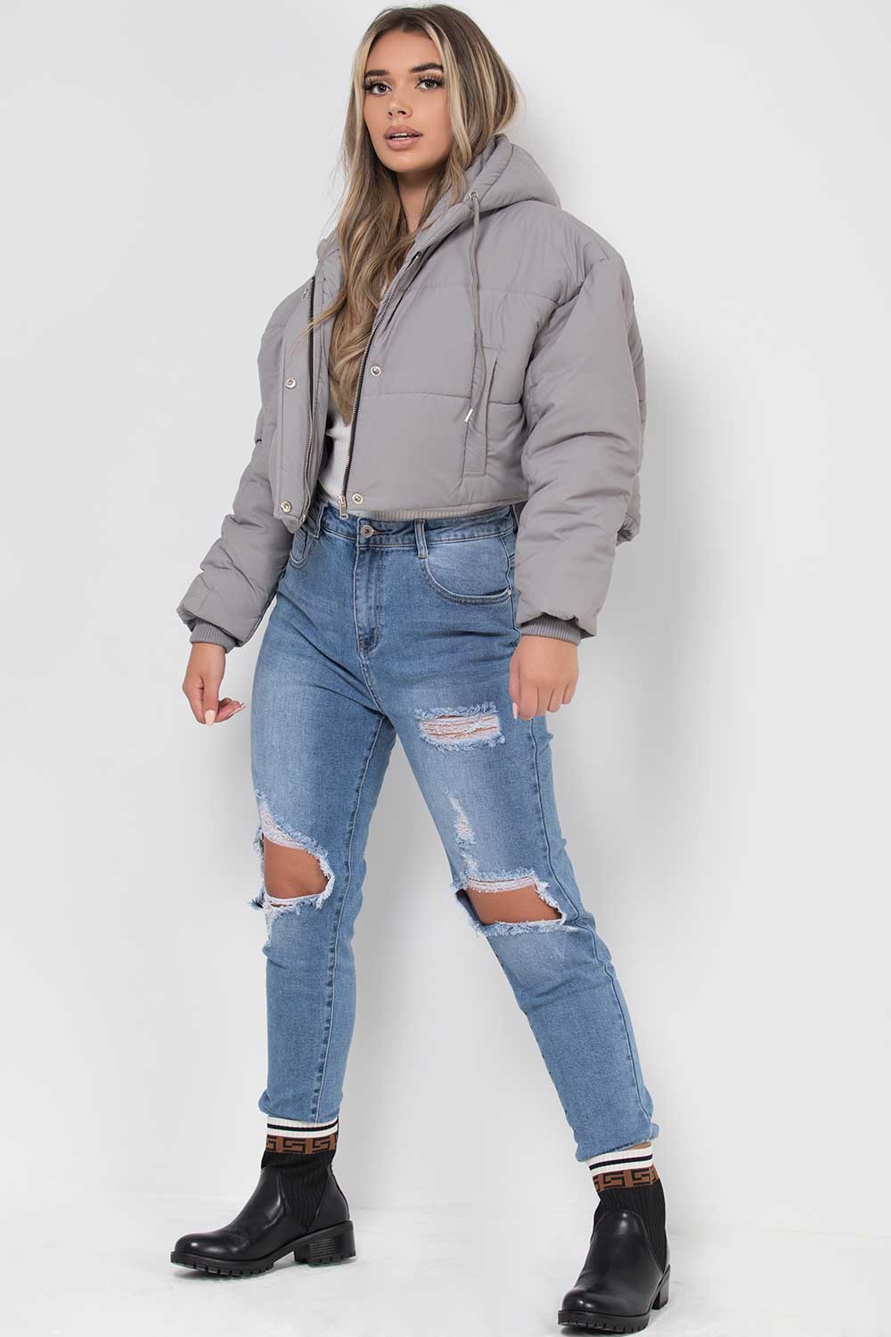 puffer padded cropped hooded jacket grey