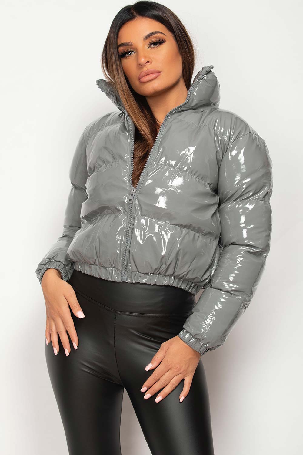 grey shiny puffer jacket cropped
