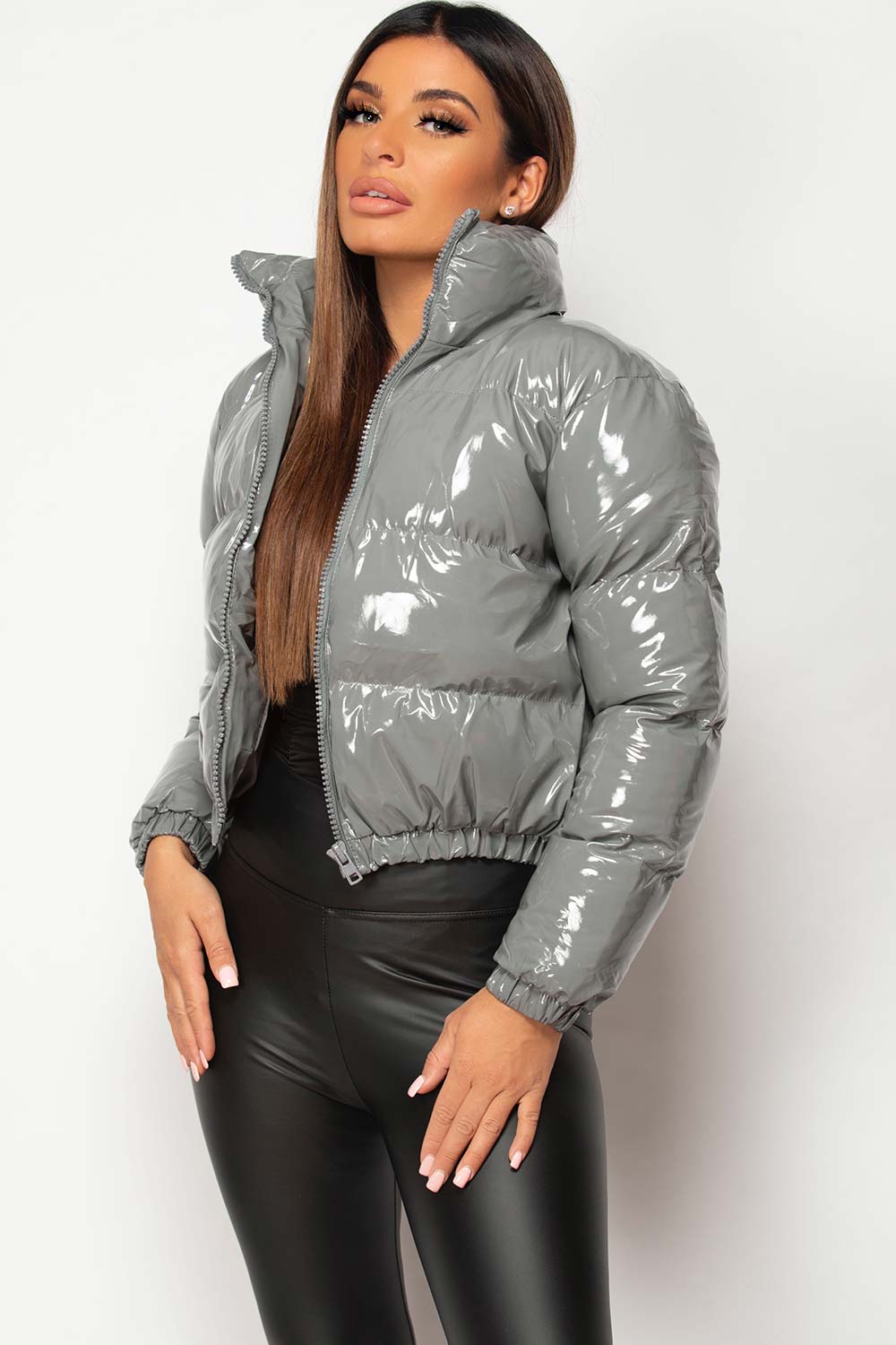 grey high shine vinyl puffer jacket cropped