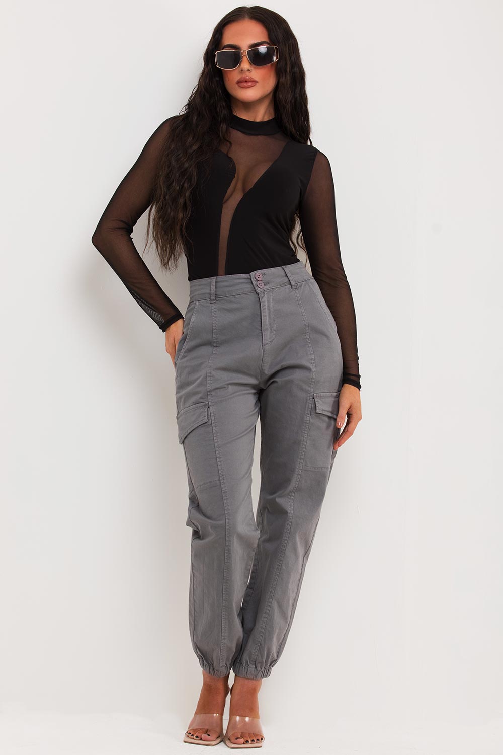 cuffed grey cargo trousers