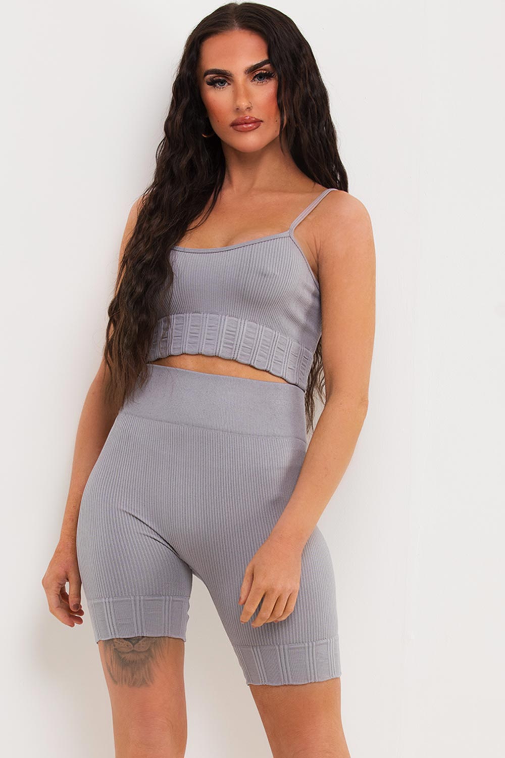 womens ribbed cycling shorts and crop top gym wear set