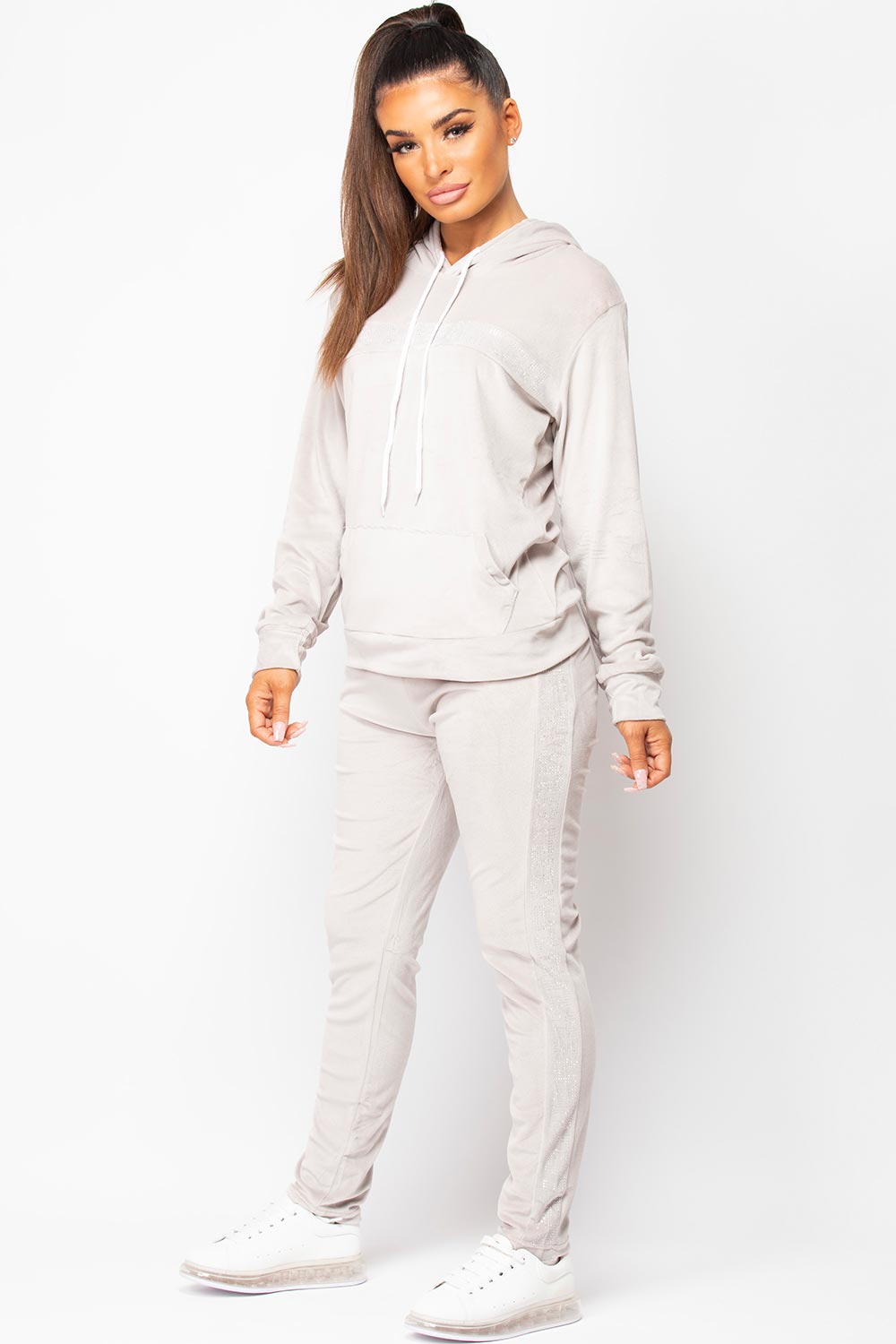womens grey hooded velour tracksuit set