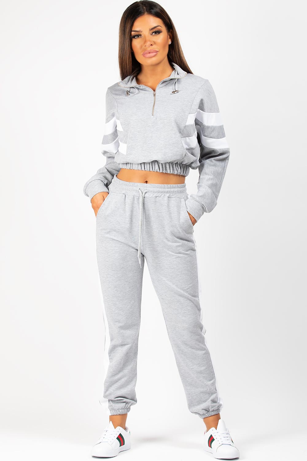 grey white stripe sweatshirt and joggers set