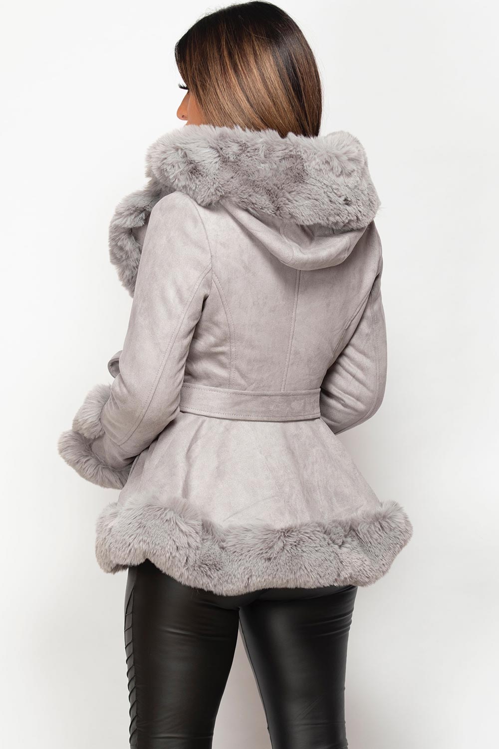 grey faux fur belted jacket