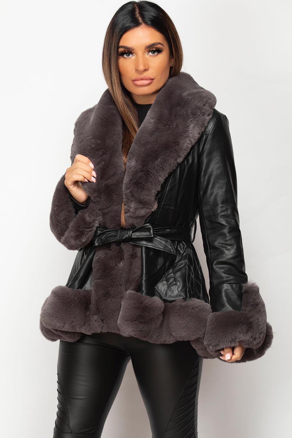faux fur faux leather belted jacket