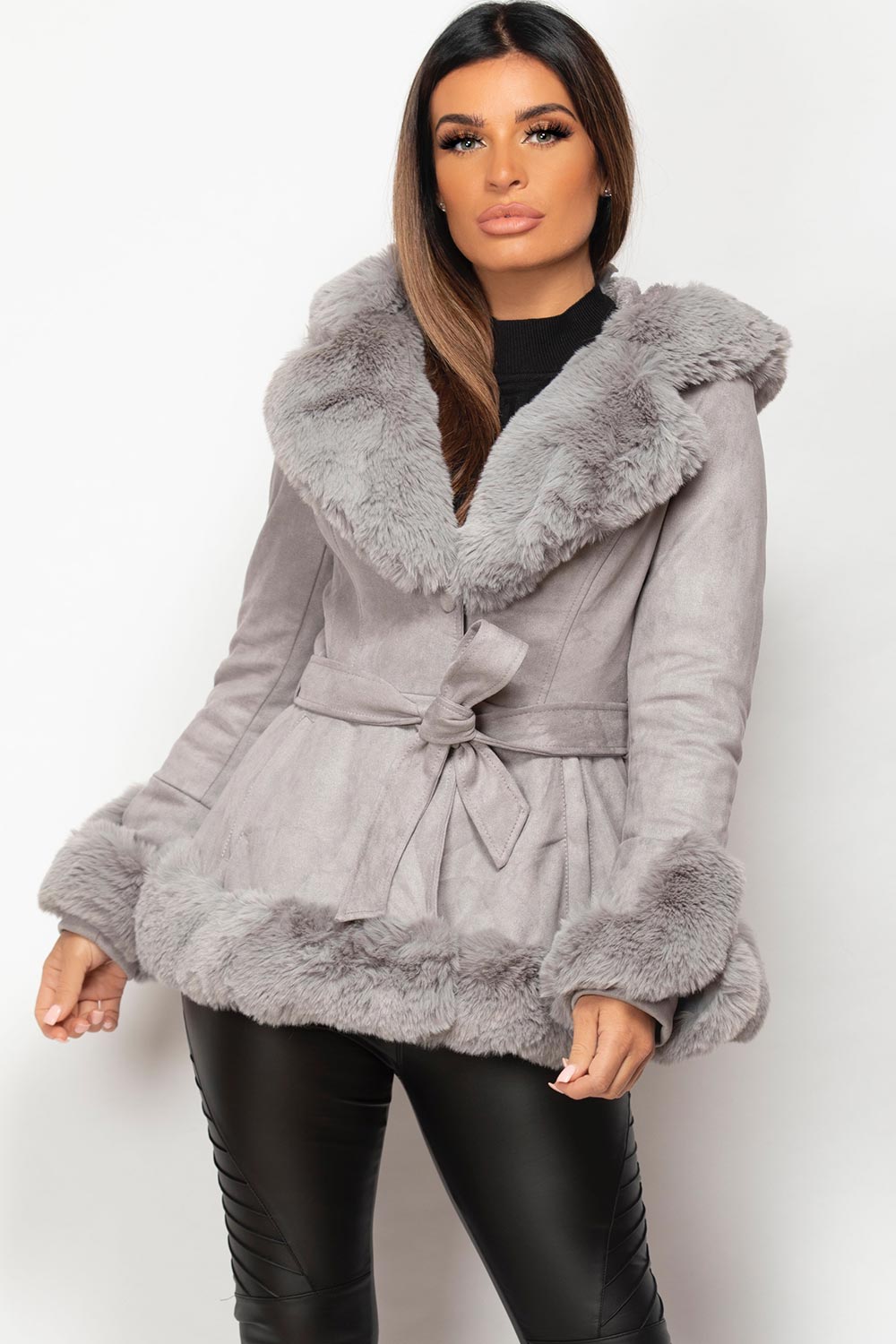 grey faux fur faux suede belted jacket