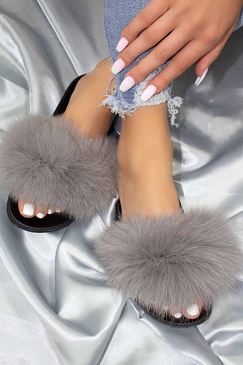 grey real fur sliders uk