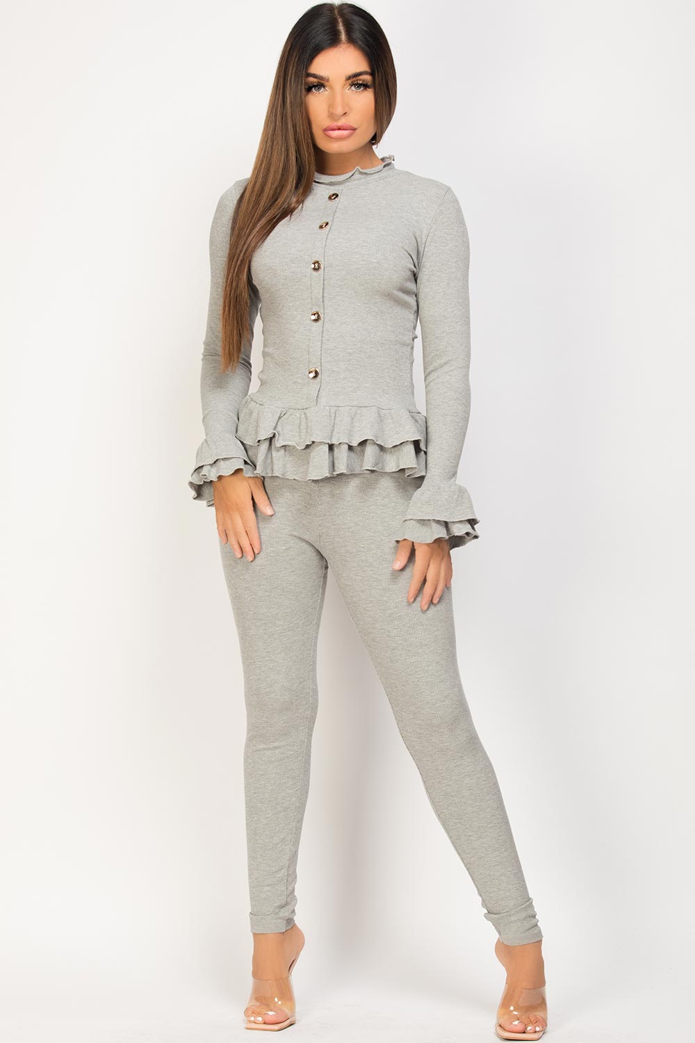 peplum frill loungewear set grey