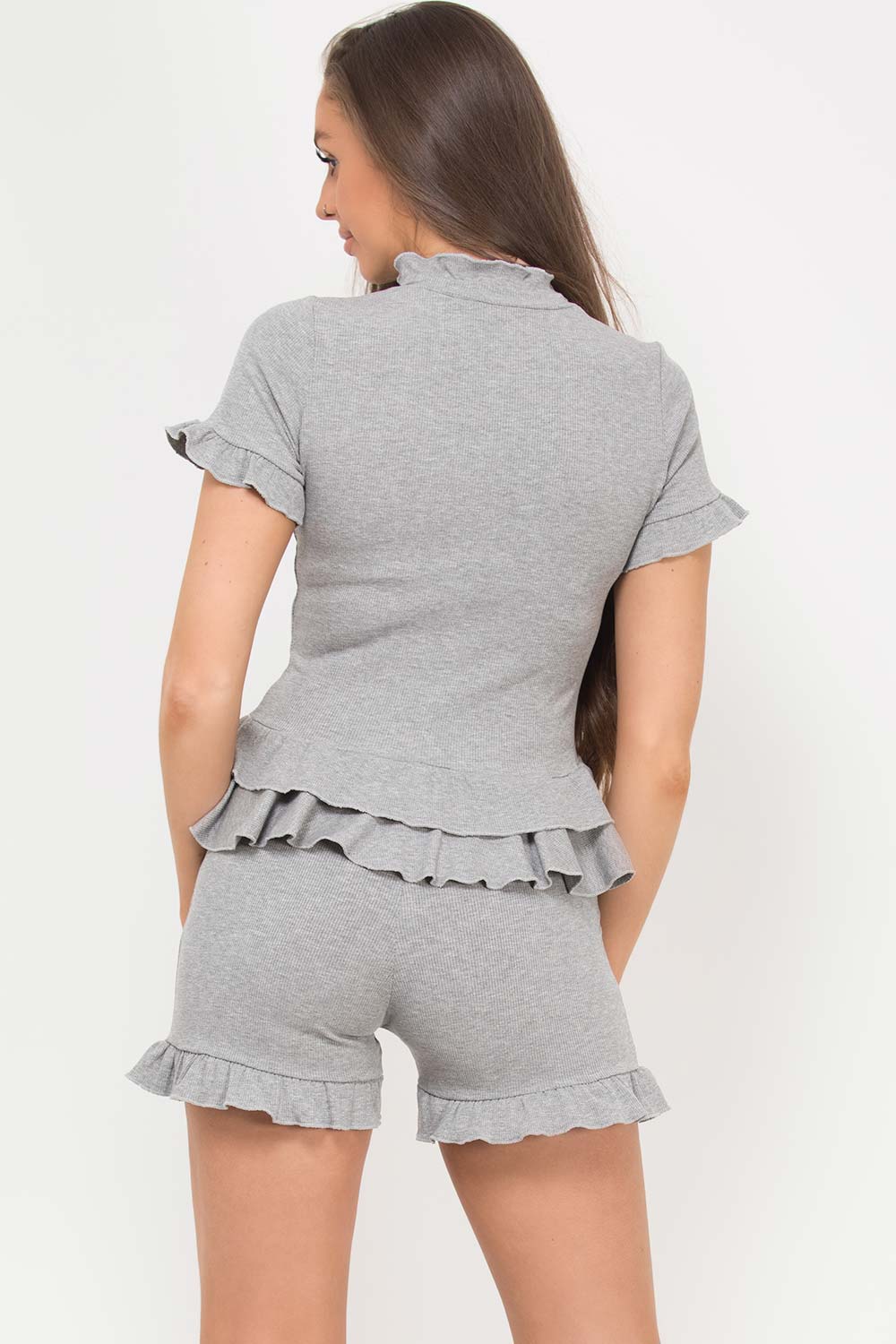 grey peplum frill hem ribbed top shorts set