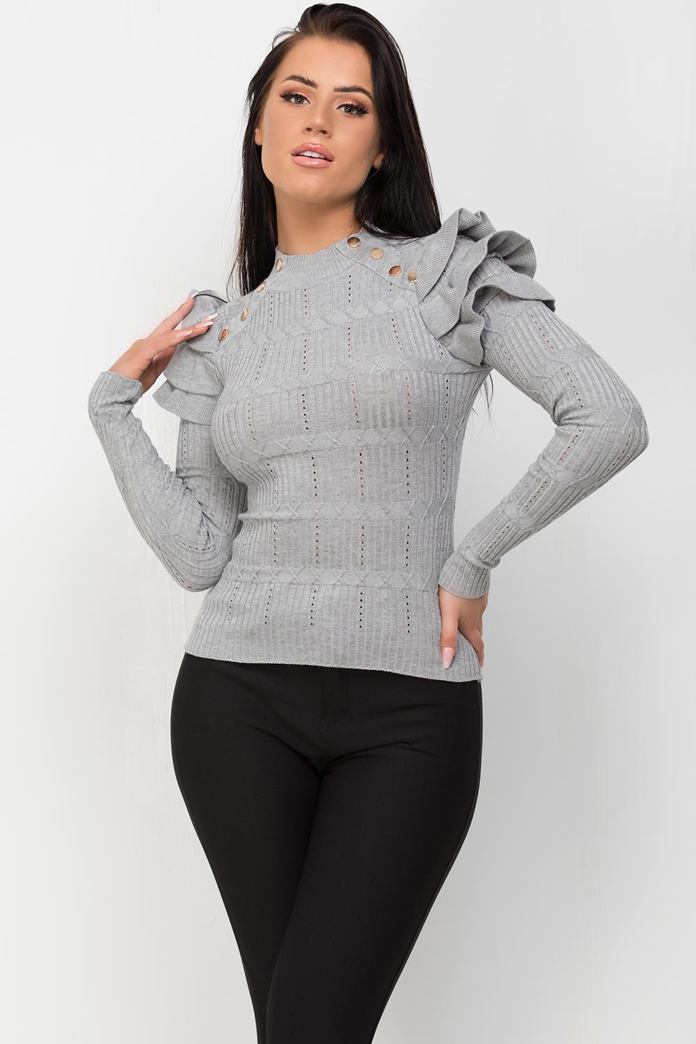 gold button frill shoulder knitted jumper top womens