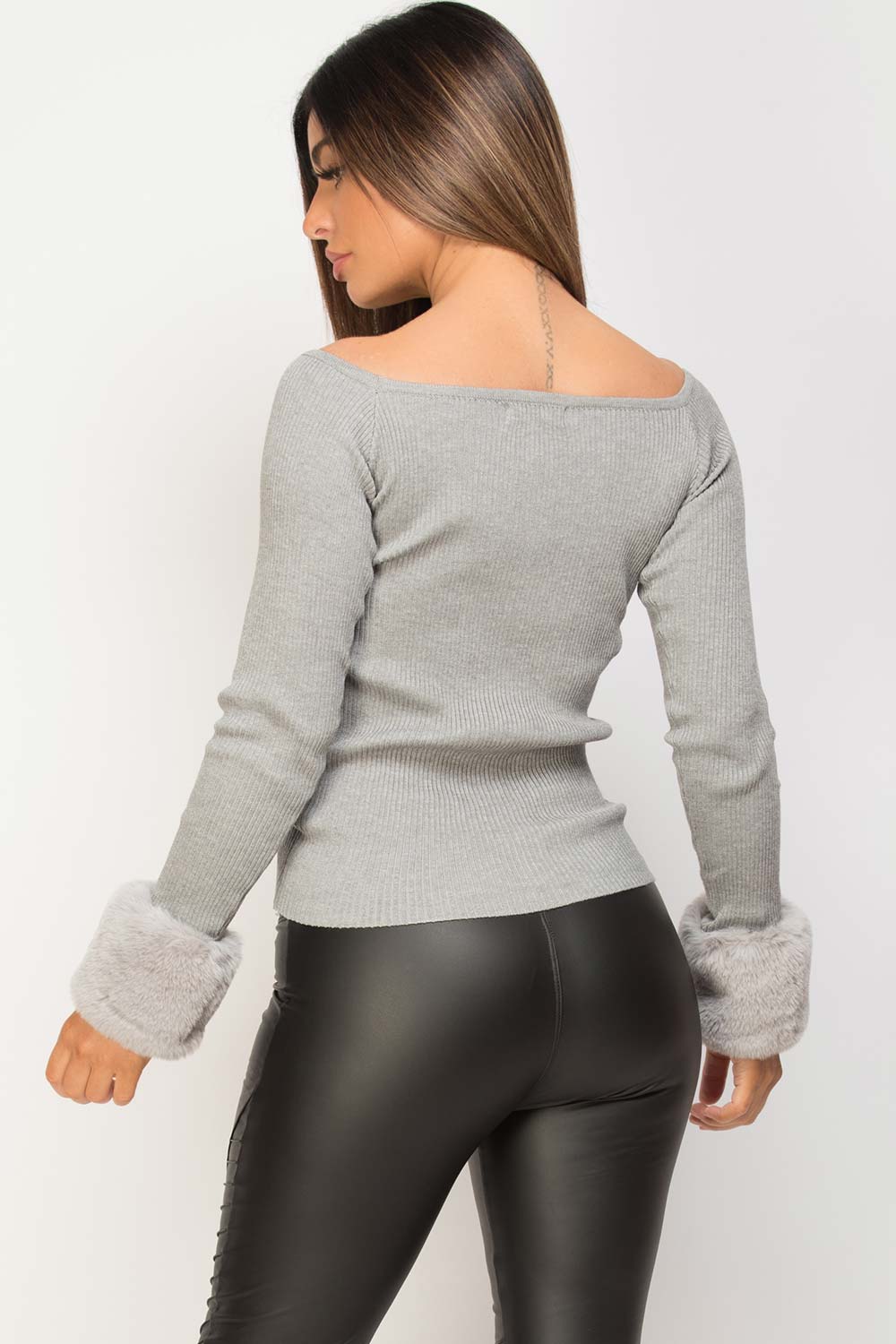 grey faux fur cuff knitted jumper
